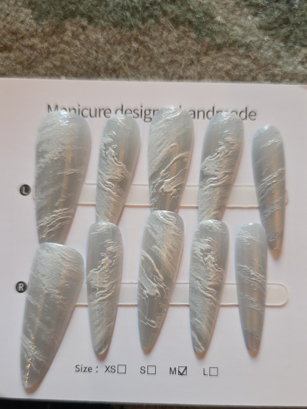 Handmade White Marble Press-On Nail Set Size Med/small